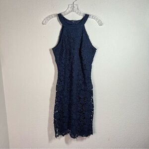 Lulu's Navy Blue Floral Lace Sleeveless Halter Neck Sheath Dress Womens‎ Small